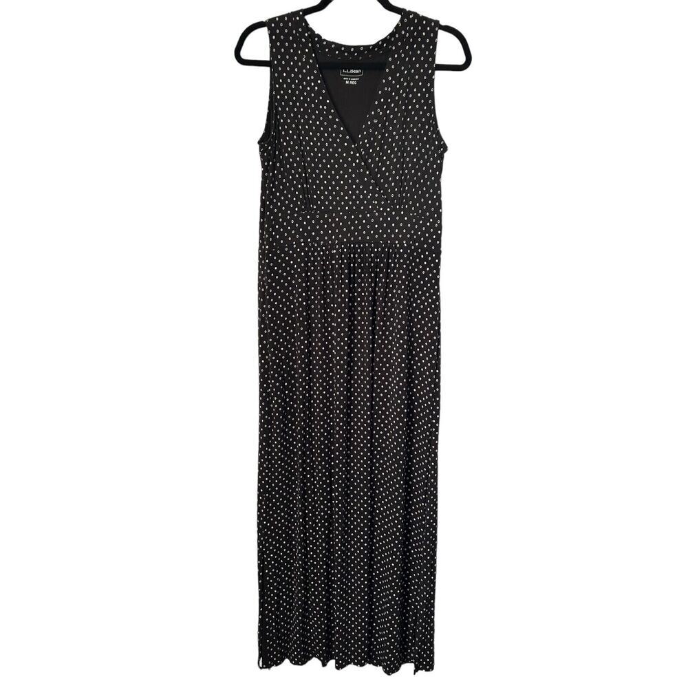 LL Bean Dress Size M Black White Dotted Faux Wrap‎ Sleeveless V-Neck